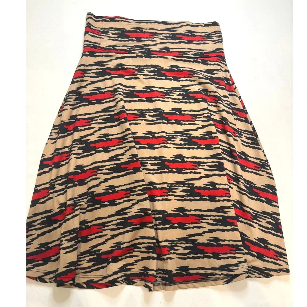 LuLaRoe Madison Skirt Womens Medium Tan Red Black Abstract Tiger Print Excellent